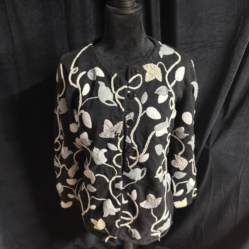 Michael Simon New York Black Floral Embroidered Cardigan Sweater Ramie Cotton S